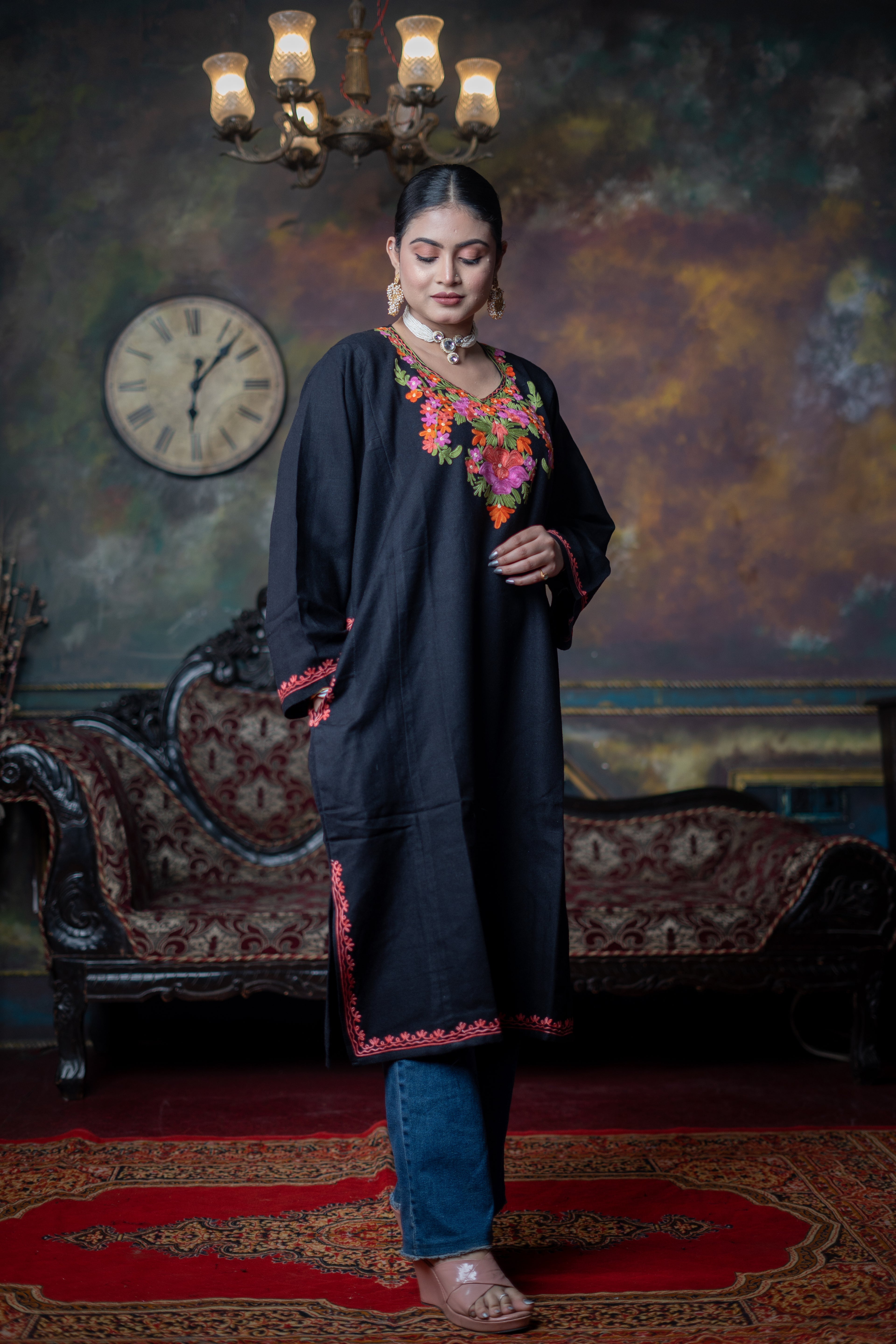 Indikanya Women’s Pashmina Acrylic Phiran | Free Size | Black | Warm & Soft Winter Wear