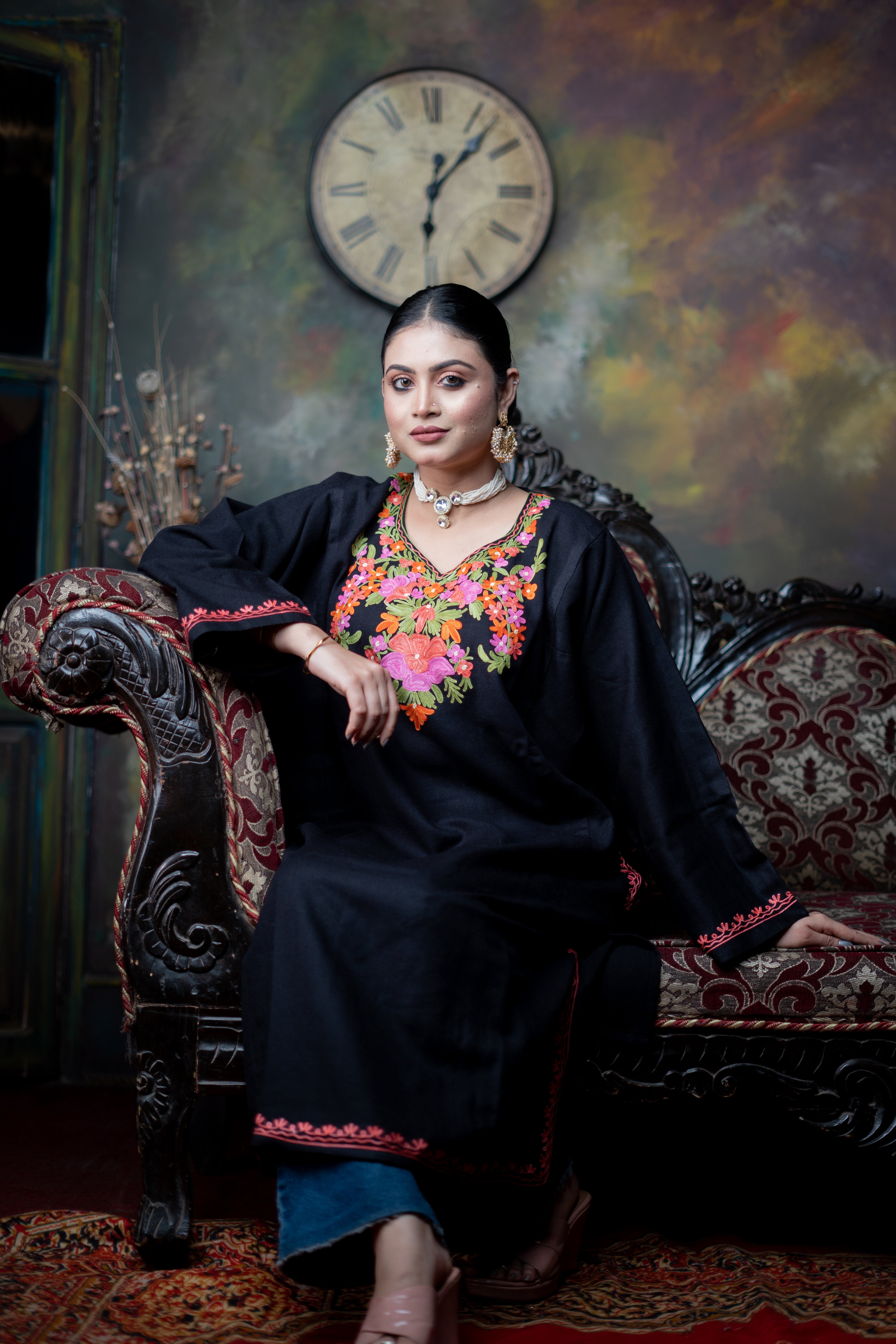 Indikanya Women’s Pashmina Acrylic Phiran | Free Size | Black | Warm & Soft Winter Wear